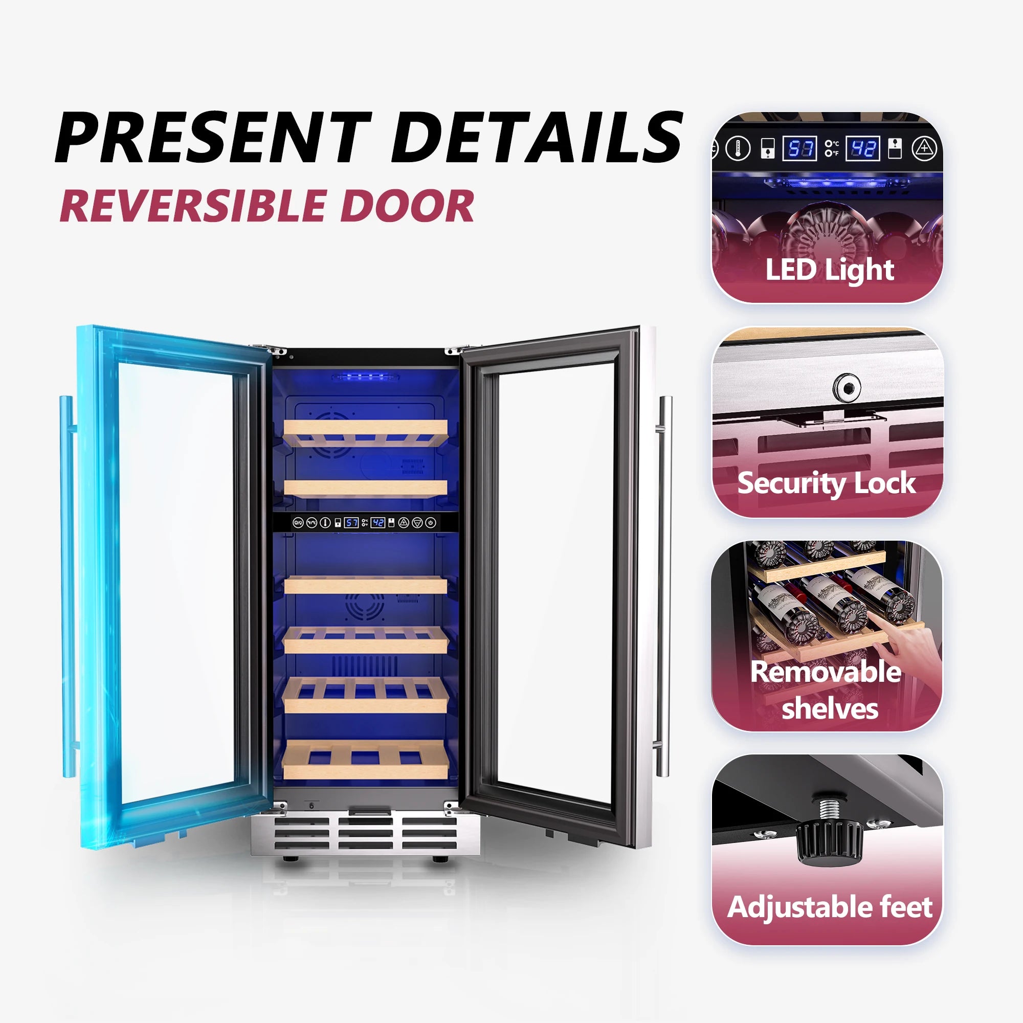 SIMZLIFE 15 Inch Wine Fridge Dual Zone Wine Cooler with Digital Temperature Control with Double Layer Glass Door 33 Bottles