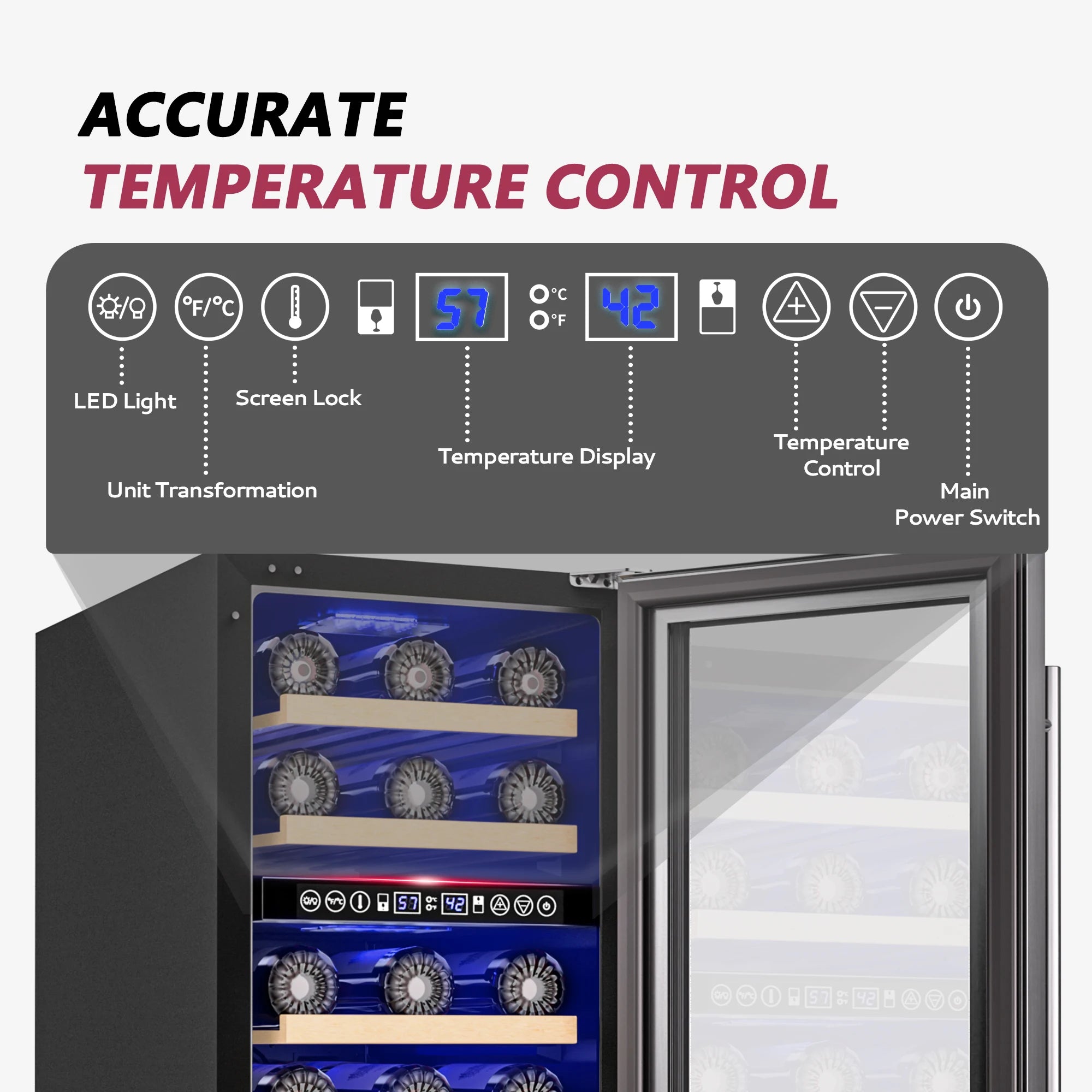 SIMZLIFE 15 Inch Wine Fridge Dual Zone Wine Cooler with Digital Temperature Control with Double Layer Glass Door 33 Bottles