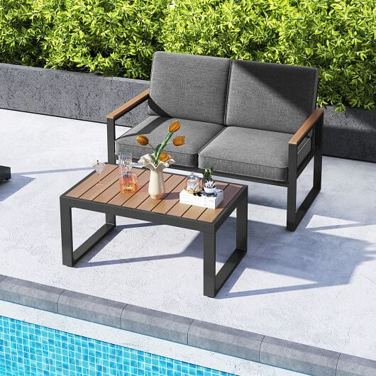 2 Piece Patio Aluminum Furniture Set with Wood-Plastic Armrests and Tabletop-Gray