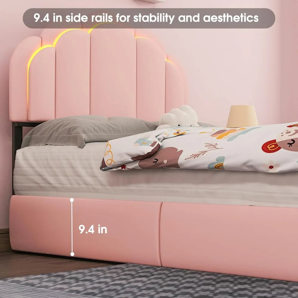 Upholstered LED Bed Frame with Storage Drawer, Cute Girls Bed with Petal-Shaped Headboard, Velvet Princess Platform Bed Frame