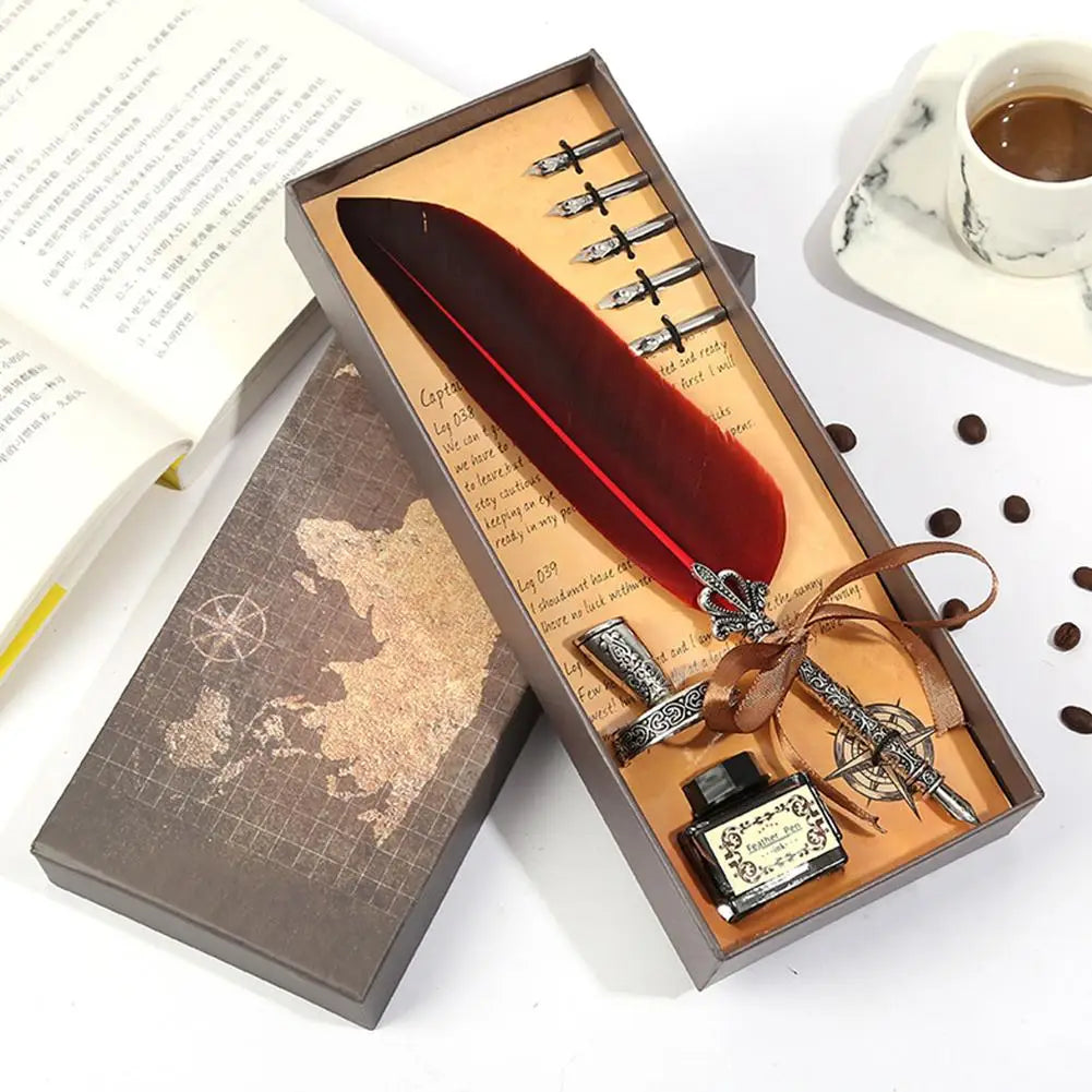 Retro Vintage Calligraphy Feather Dip Pen Fountain Pens Writing Ink Set Creative Stationery Quill Pen Art Supplies Crafts Gifts