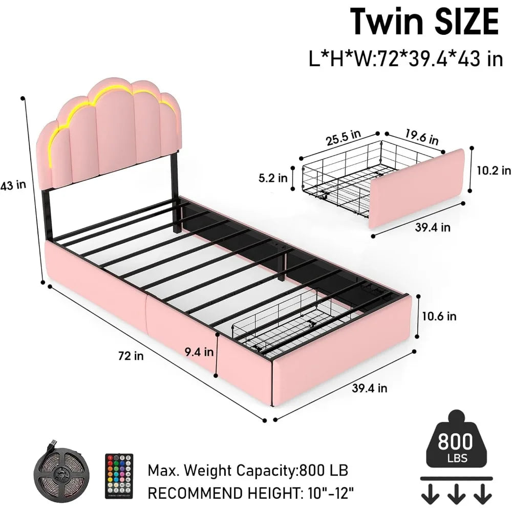 Upholstered LED Bed Frame with Storage Drawer, Cute Girls Bed with Petal-Shaped Headboard, Velvet Princess Platform Bed Frame