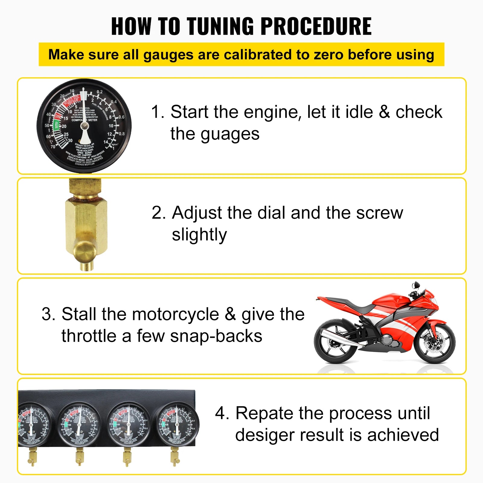 SucceBuy Fuel Vacuum Carburetor Synchronizer Carb Tool sync 4 Gauge Set with Rubber Hose Vacuum Balancer Meter Kit For Motorbike