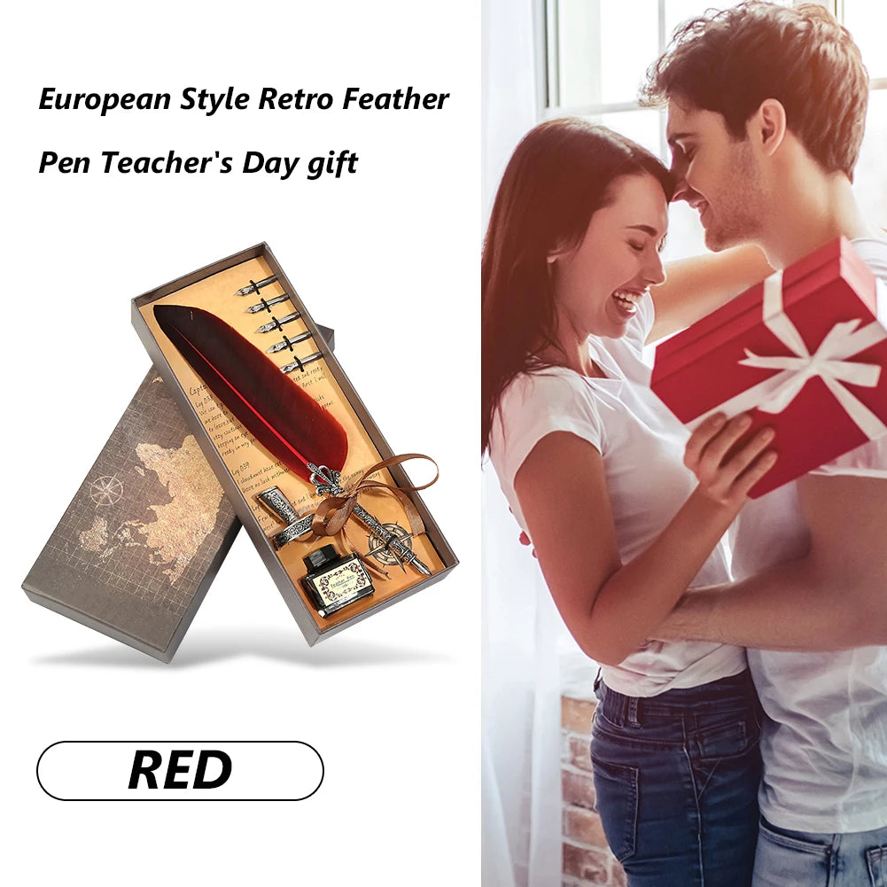 Retro Vintage Calligraphy Feather Dip Pen Fountain Pens Writing Ink Set Creative Stationery Quill Pen Art Supplies Crafts Gifts