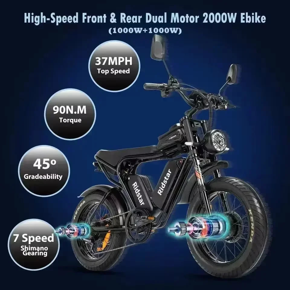 Electric bicycle Q20 2000W dual Motor 52V40Ah lithium Battery adult Electric Bicycle Mountain off-road 20inch Fat Tire E-bike