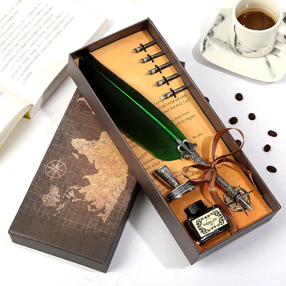 Retro Vintage Calligraphy Feather Dip Pen Fountain Pens Writing Ink Set Creative Stationery Quill Pen Art Supplies Crafts Gifts