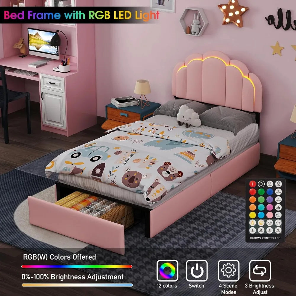 Upholstered LED Bed Frame with Storage Drawer, Cute Girls Bed with Petal-Shaped Headboard, Velvet Princess Platform Bed Frame