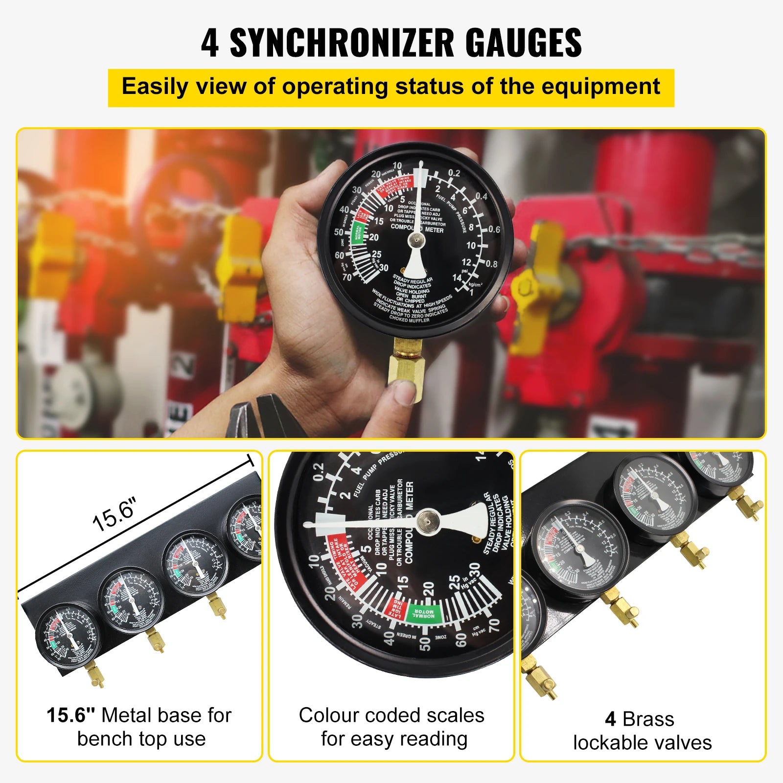 SucceBuy Fuel Vacuum Carburetor Synchronizer Carb Tool sync 4 Gauge Set with Rubber Hose Vacuum Balancer Meter Kit For Motorbike