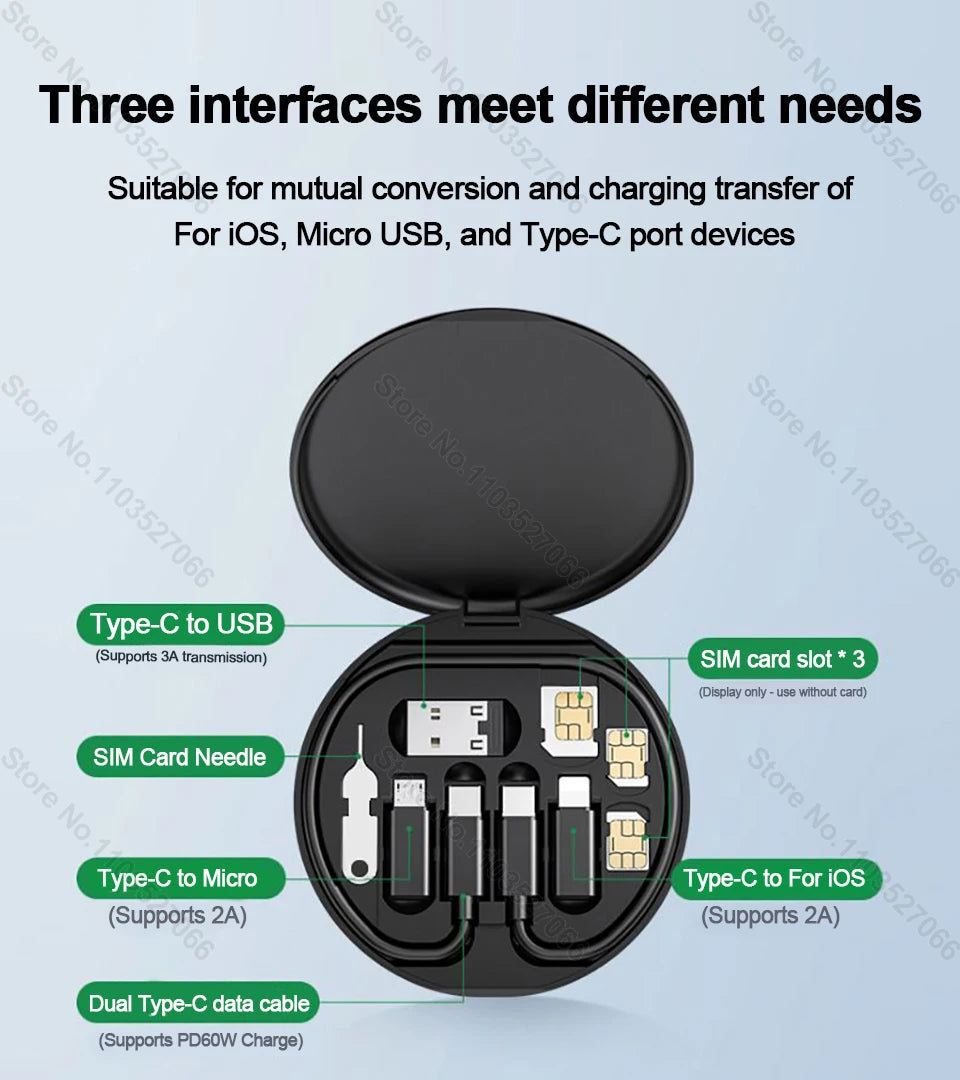 PD 60W Multifunctional USB Type C Data Cable Set Fast Charging For IPhone Xiaomi Charger Storage Box Adapter Card Pin Travel Box