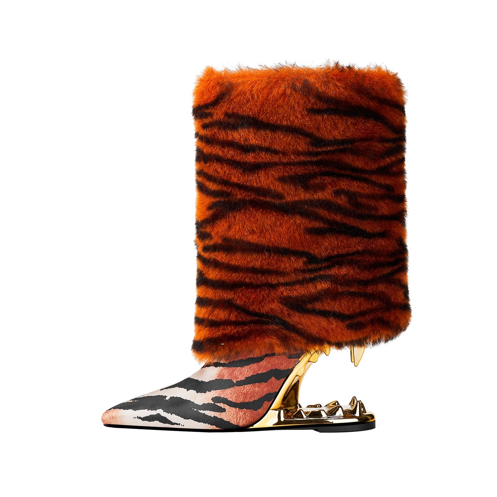 Orange Tiger Fur Wrap Bite Heel Ankle Boots