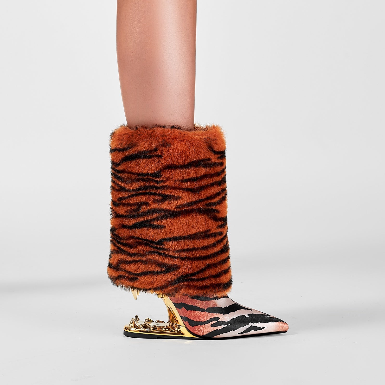 Orange Tiger Fur Wrap Bite Heel Ankle Boots