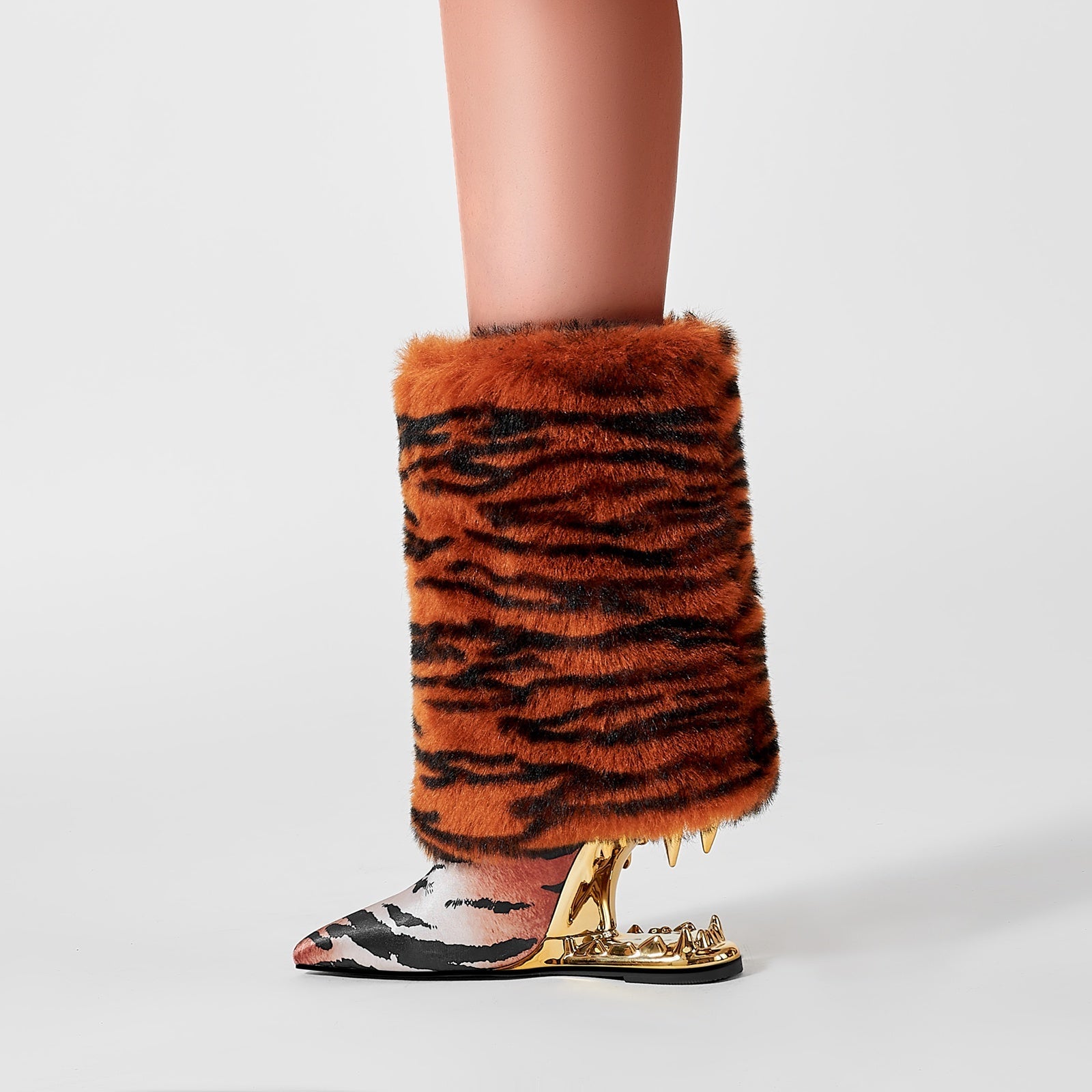 Orange Tiger Fur Wrap Bite Heel Ankle Boots