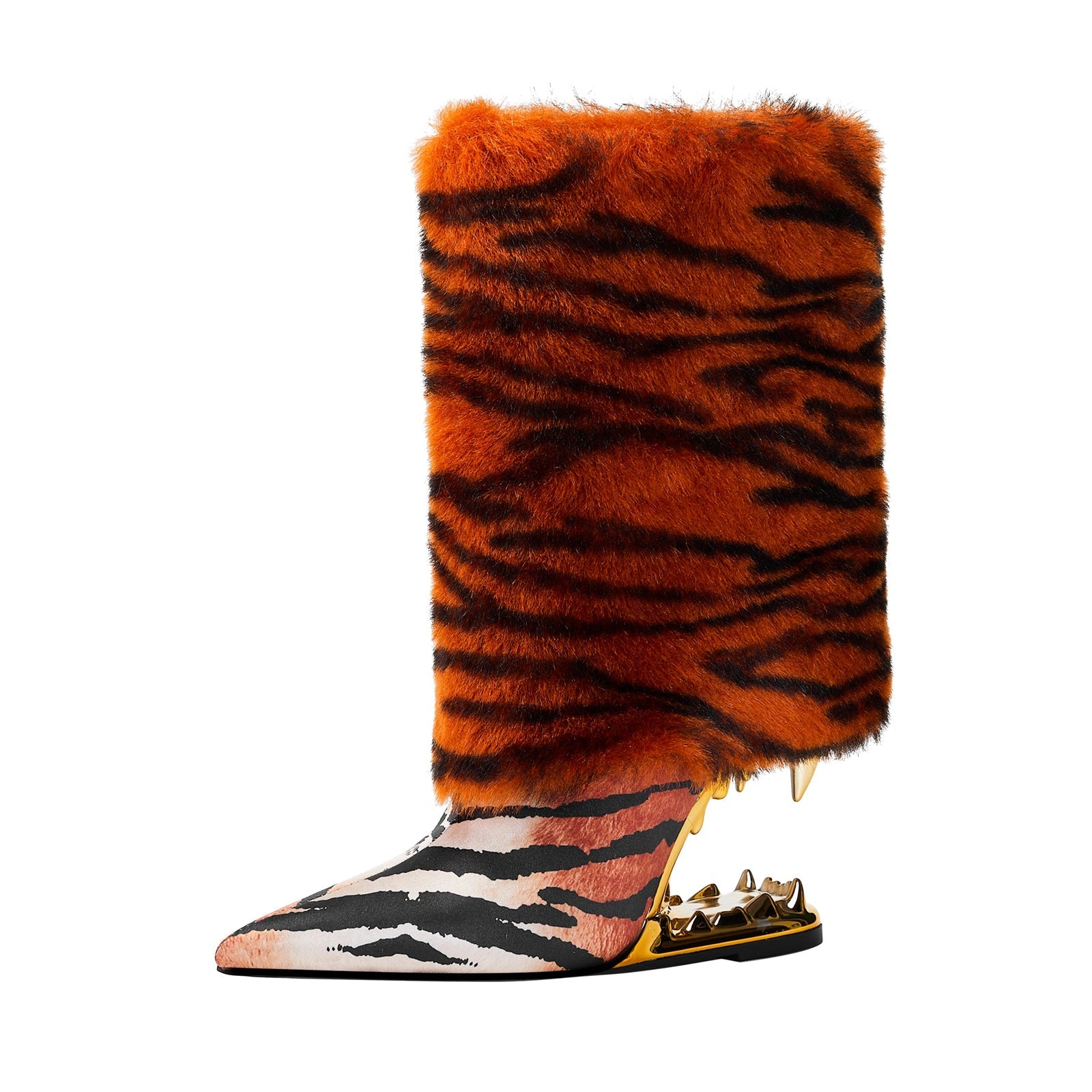 Orange Tiger Fur Wrap Bite Heel Ankle Boots