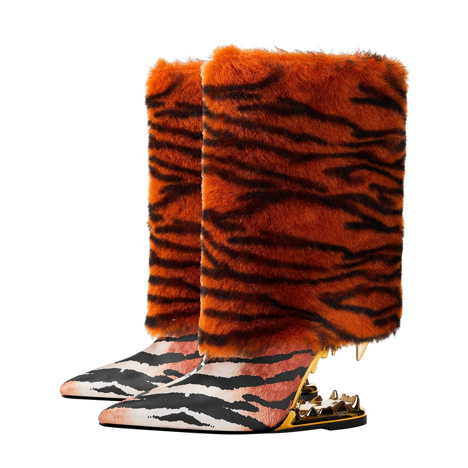 Orange Tiger Fur Wrap Bite Heel Ankle Boots